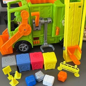 Green and Orange Toy Recycling Truck with Blocks